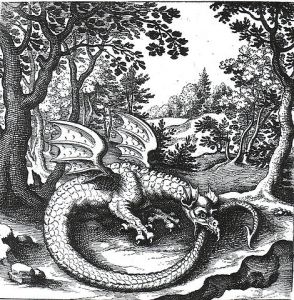 Gemeinfrei, https://commons.wikimedia.org/w/index.php?curid=1533358 Der Drache Ouroboros in dem alchemistischen Werk De Lapide Philosophico (herausgegeben von Lucas Jennis, 1625)