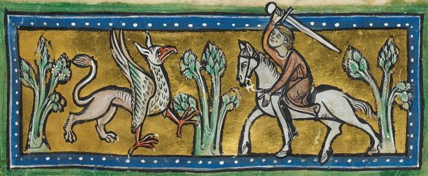 Gemeinfrei, https://commons.wikimedia.org/wiki/File:RochesterBestiary_detail_Griffin.jpg?uselang=de Unbekannt - Folio from a 13th century Bestiary, The Rochester Bestiary (British Library, Royal MS 12 F XIII)
